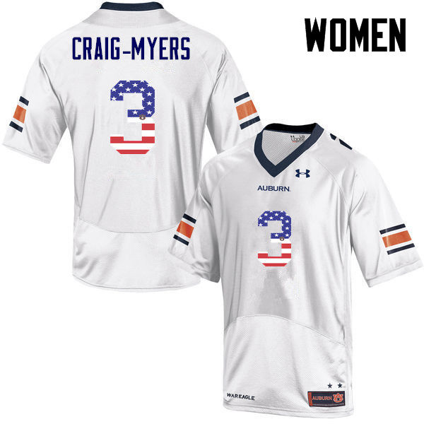 Women #3 Nate Craig-Myers Auburn Tigers USA Flag Fashion College Football Jerseys-White